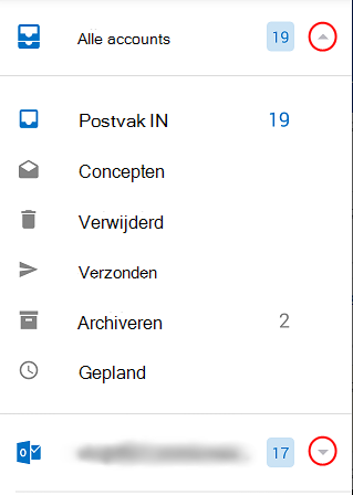 Toont Outlook-mappen, met omcirkelde vervolgkeuzepijlen aan de rechterkant van het scherm.