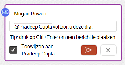 Schermafbeelding van het toewijzen aan in de hoofdtekst van de opmerking.
