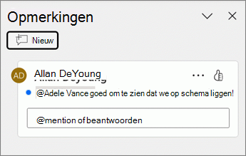 Er wordt een blauwe stip weergegeven naast een stukje opmerking in het deelvenster Opmerkingen.