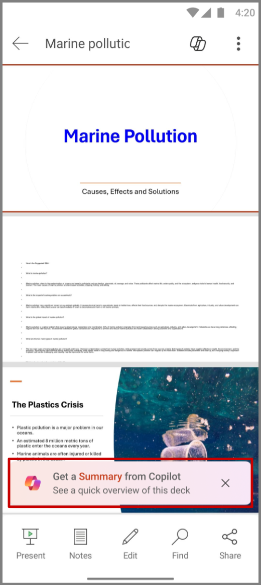 Schermopname van Copilot in PowerPoint op een Android-apparaat met de prompt Samenvatting ophalen vanuit Copilot