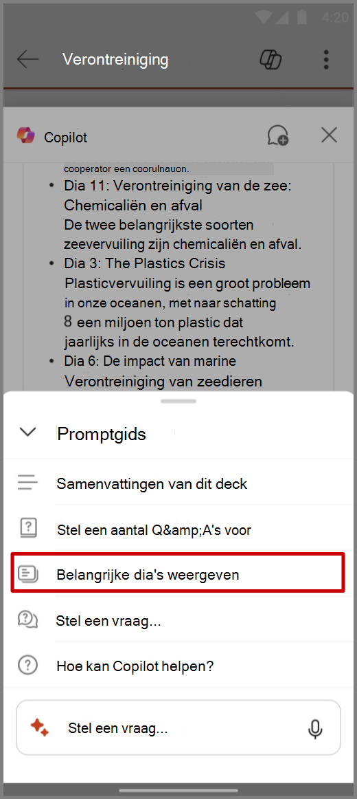 Schermopname van Copilot in PowerPoint op een Android-apparaat met de prompt Belangrijke dia's weergeven