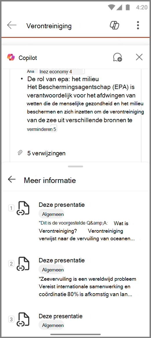 Schermopname van Copilot in PowerPoint op Android-apparaat met verwijzingen voor het antwoord Deze dia's samenvatten