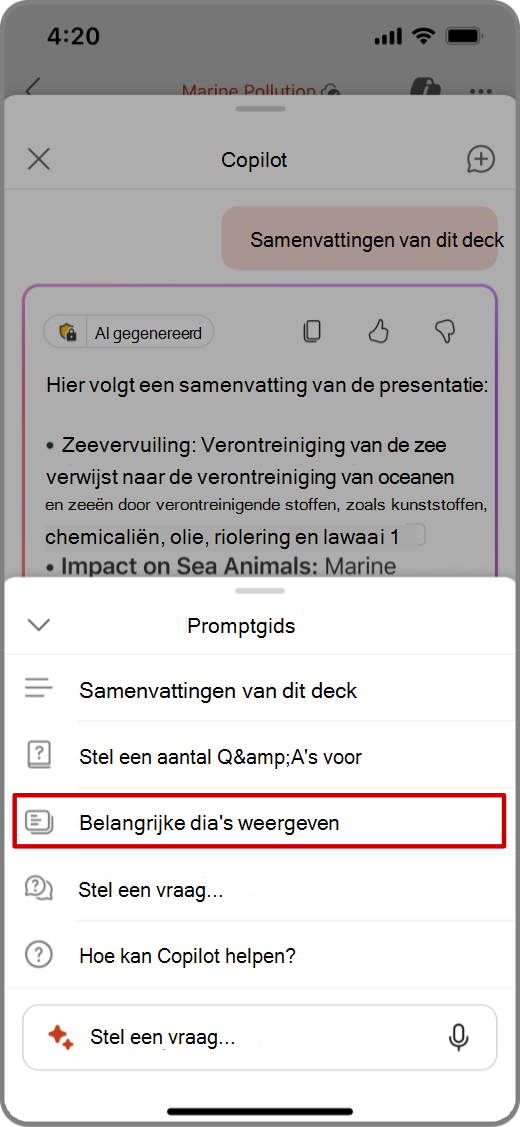 Schermopname van Copilot in PowerPoint op een iOS-apparaat met de prompt Belangrijke dia's weergeven