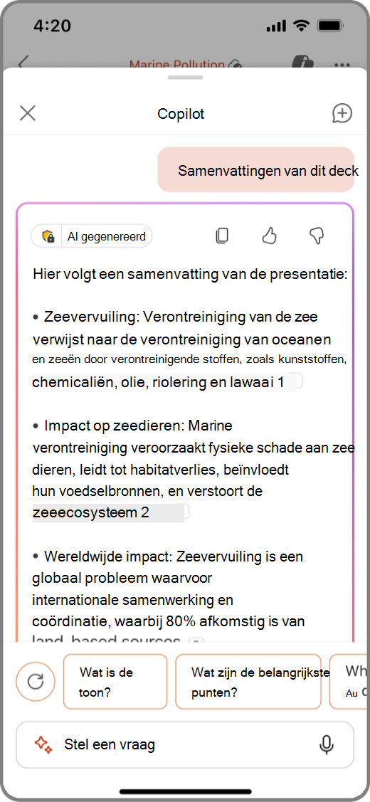 Schermopname van Copilot in PowerPoint op een iOS-apparaat met De resultaten van deze dia's samenvatten
