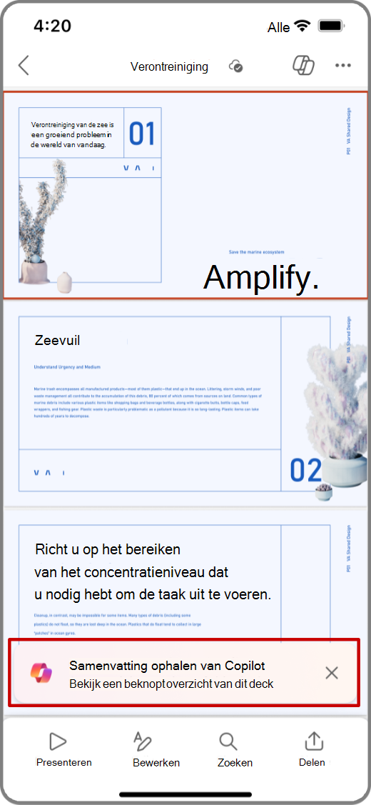 Schermopname van Copilot in PowerPoint op een iOS-apparaat met de prompt Samenvatting ophalen gemarkeerd