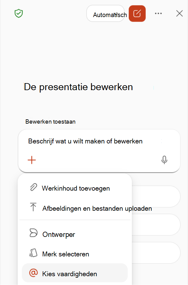 Schermopname van het selecteren van Kies vaardigheden in het plusmenu in het Copilot-deelvenster.