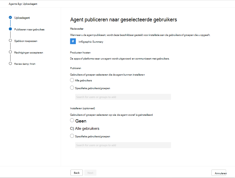 Schermafbeelding waarin wordt aangegeven welke gebruikers en groepen de vaardigheid kunnen gebruiken.