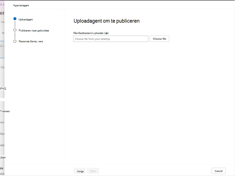 Schermafbeelding van het uploaden van een vaardigheidspakket op de pagina Agent uploaden om te publiceren.