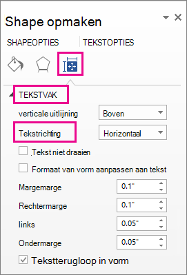 Schermafbeelding met de tekstrichting in het deelvenster Vorm opmaken