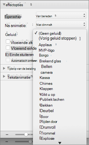 Schermafbeelding van de sectie Effectopties van het Animatiedeelvenster met het menu Geluid uitgevouwen.