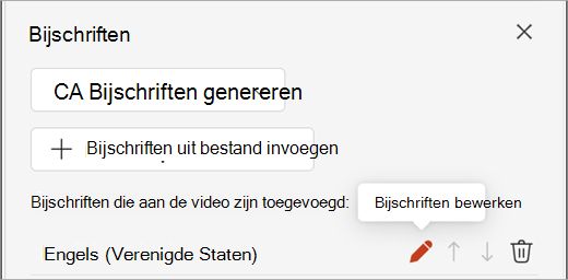 Schermafbeelding van de knop Ondertitels bewerken voor een ondertitelingstraject in het deelvenster Bijschriften.