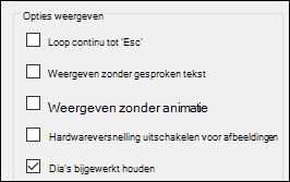 De groep Opties tonen van Diavoorstelling instellen met Dia's bijgewerkt houden, ingeschakeld.