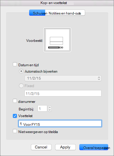 Het selectievakje Voettekst op het tabblad Dia in het vak Koptekst & Voettekst