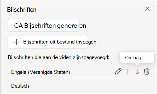 Schermafbeelding van de knop omlaag verplaatsen voor een ondertitelingstraject in het deelvenster Ondertiteling.