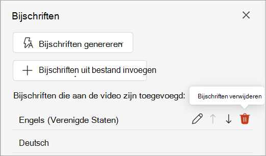 Schermafbeelding van de knop Ondertitels verwijderen voor een ondertitelingstraject in het deelvenster Bijschriften.
