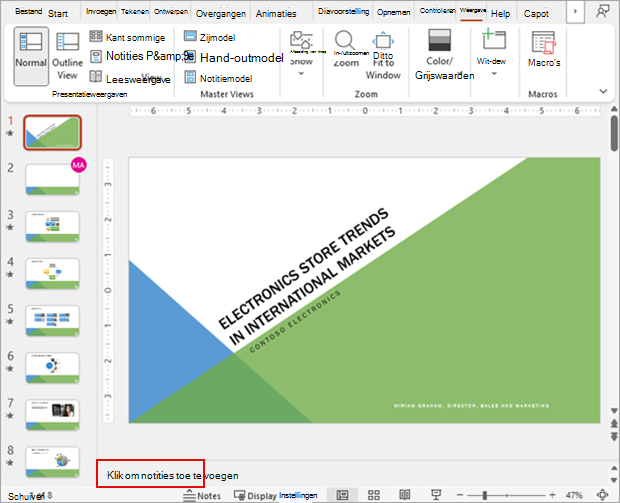 Schermopname van een PowerPoint-diaserie in de normale weergave, samen met de notitiesectie.