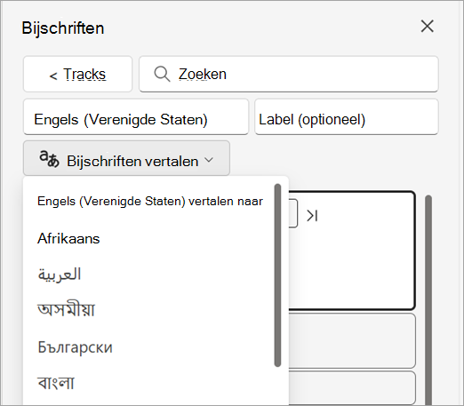 Schermopname van de vervolgkeuzelijst Ondertitels vertalen in het deelvenster Bijschriften.