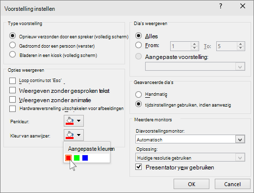 Schermafbeelding van de laserpointeropties in PowerPoint