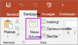 Hiermee wordt de knop Nieuwe dia weergegeven op het tabblad Start van het lint in PowerPoint