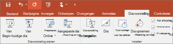 Hiermee wordt het tabblad Diavoorstelling op het lint in PowerPoint weergegeven