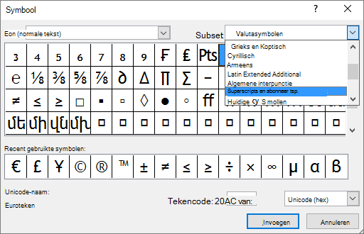 Toont de subset Subscript en superscript in het dialoogvenster Symbool in PowerPoint