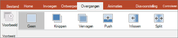 Het tabblad Overgangen op het lint in PowerPoint.