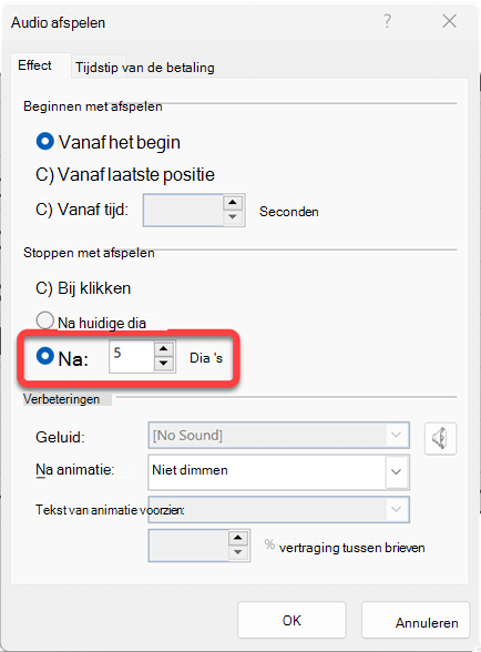 U kunt het aantal dia's opgeven dat de audioclip wordt afgespeeld.