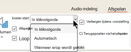 Schermafbeelding van het tabblad Afspelen voor audiobestanden met drie opties voor wanneer het afspelen van audio moet worden gestart.