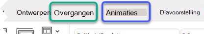 Gedeeltelijke afbeelding van het PowerPoint-lint, met de nadruk op de tabbladen Overgangen en Animaties.