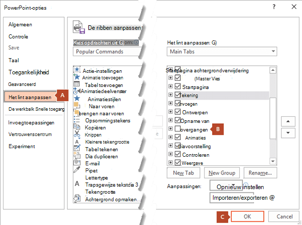 Het tabblad Lint aanpassen van het dialoogvenster Opties voor PowerPoint 2016 bevat een optie waarmee u het tabblad Opnemen kunt toevoegen aan het PowerPoint-lint.