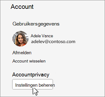 Dialoogvenster Account met de knop Instellingen beheren geseleteerd.