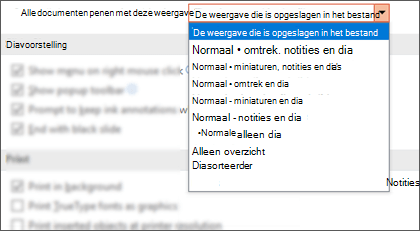 De lijst Alle documenten openen met deze weergave is uitgevouwen, zodat de klant een standaardweergave kan selecteren.