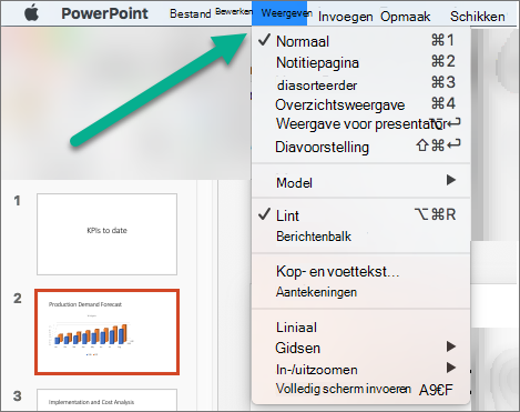 Het menu Beeld in PowerPoint