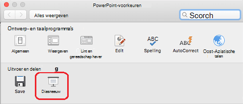 Klik in het dialoogvenster PowerPoint-voorkeuren onder Uitvoer en delen op Diavoorstelling.