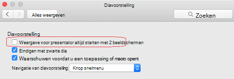 Schakel in het dialoogvenster Diavoorstelling het selectievakje Weergave voor presentator altijd starten met 2 beeldschermen uit.