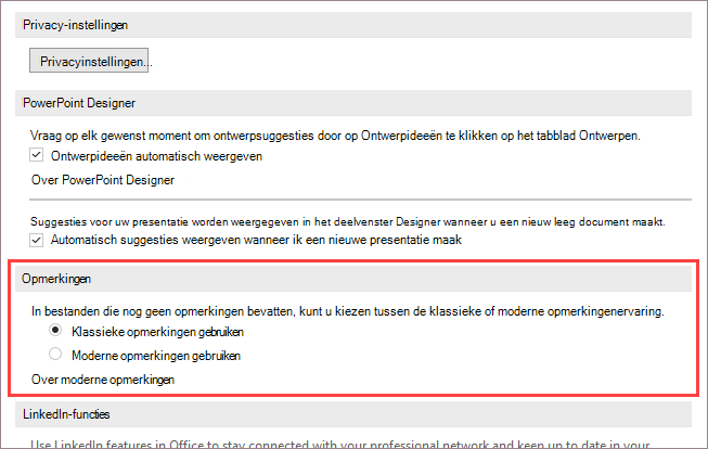 Schermafbeelding met Opties voor moderne opmerkingen