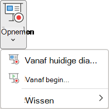 Opdrachten voor Diavoorstelling opnemen op het tabblad Opnemen in PowerPoint.