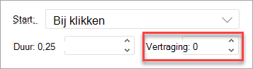 Het veld Vertraging bij het toepassen van een animatie in webversie van PowerPoint.