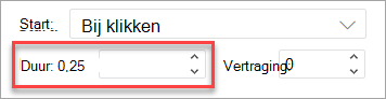 Het veld Duur bij het toepassen van een animatie in webversie van PowerPoint.