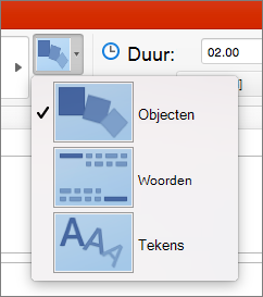 Toont effectopties voor de Morphing-overgang in PowerPoint 2016 voor Mac
