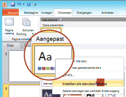 Klik met de rechtermuisknop op het nieuwe thema dat wordt vermeld onder de kop Aangepast en kies vervolgens Instellen als standaardthema.