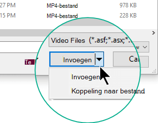 In het dialoogvenster Video invoegen kiest u tussen Invoegen (wat insluiten betekent) of Koppelen aan bestand.