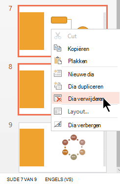 Klik met de rechtermuisknop op een dia en selecteer Dia verwijderen