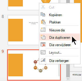 Klik met de rechtermuisknop op een dia en selecteer Dia dupliceren