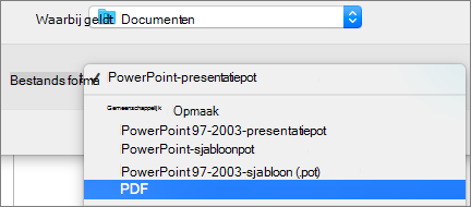 Toont de PDF-optie in de lijst Bestandsindelingen in het dialoogvenster Opslaan als in PowerPoint 2016 voor Mac.