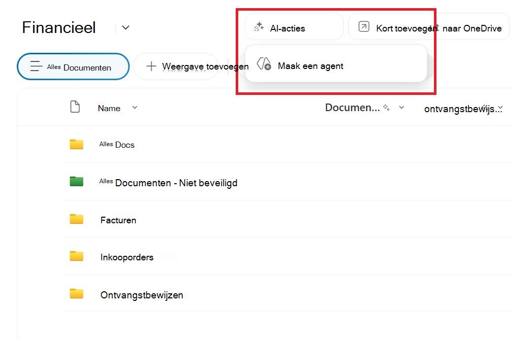 Schermafbeelding met de knop voor het maken van een agent van een SharePoint-documentbibliotheek.