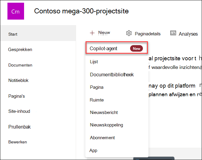 De schermopname van het maken van een nieuwe Copilot-agent vanaf de startpagina van de site