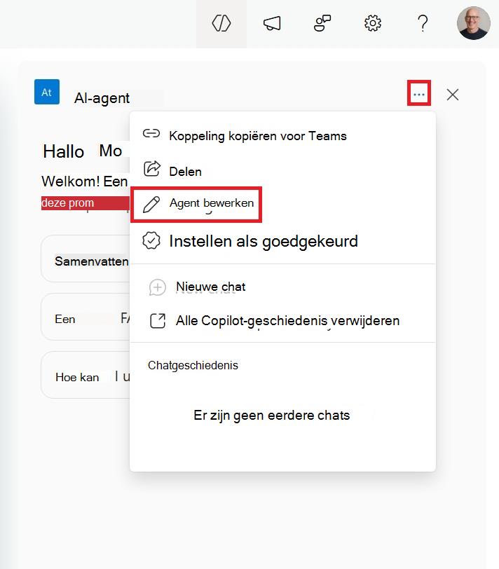 Schermafbeelding van het menu voor het bewerken van een SharePoint-agent vanuit het zijspan