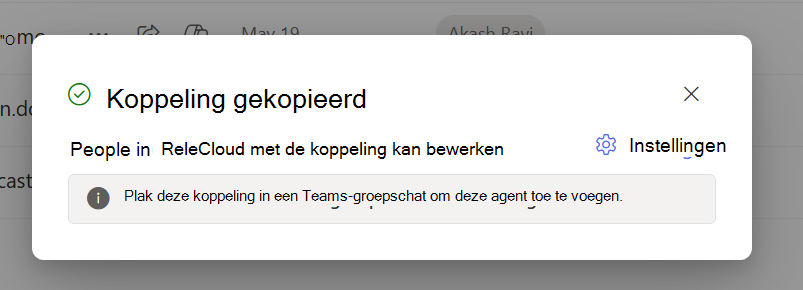 Dialoogvenster om gebruikers te informeren dat een koppeling voor delen naar het Klembord is gekopieerd.