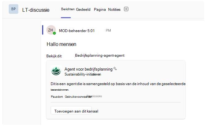 Schermafbeelding van het ontvouwen van een koppeling voor een SharePoint-agent in Teams-kanalen
